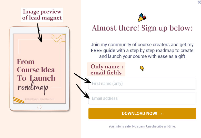 example of an opt-in form that features a preview (or mock up) of the lead magnet on the left side, and includes a name and email field on the right side. 